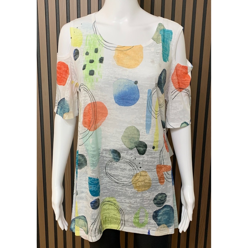 Jess & Jane XL Cold Shoulder Tunic Top Abstract Geometric Multi Color Lagenlook